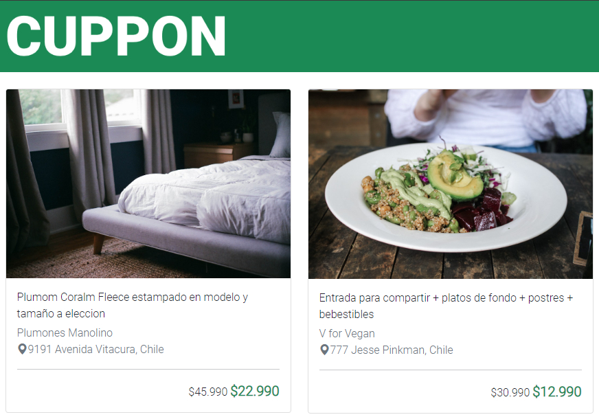 inside a card, we can see a webpage called cuppon offering some bed and food