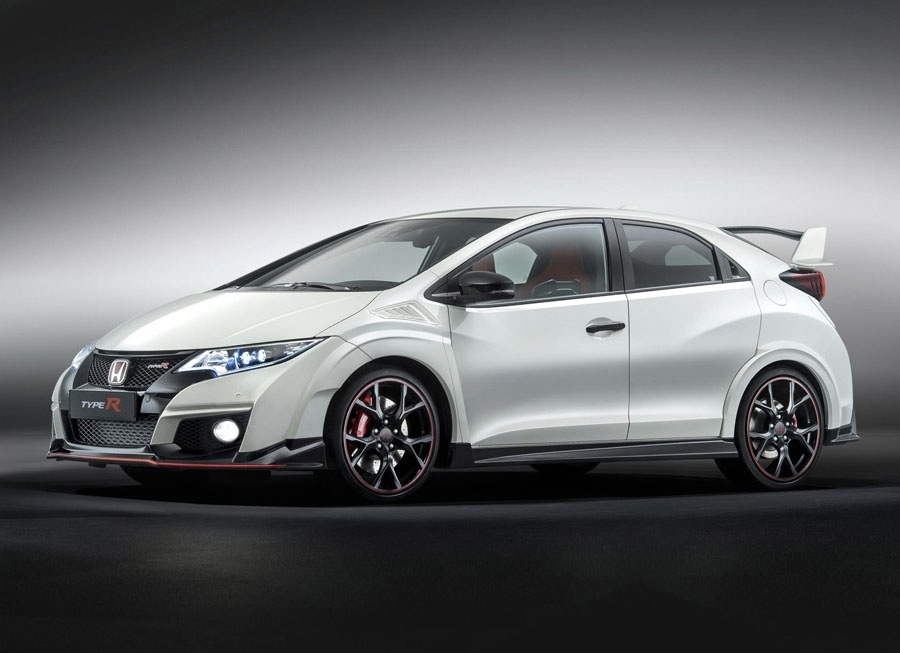a white honda civic type-r, inside a black and white background