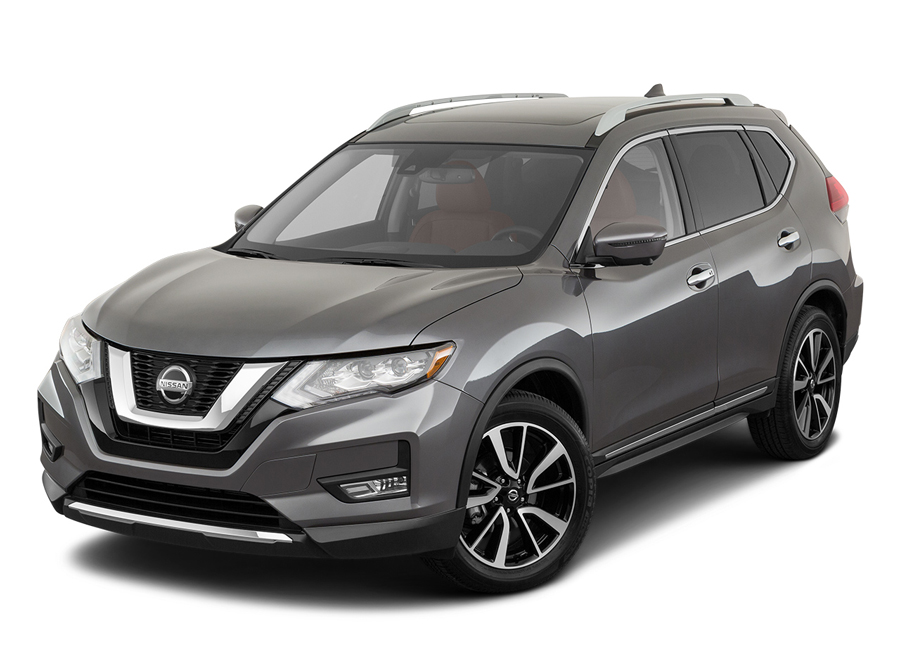 a silver nissan rogue suv, inside a white background